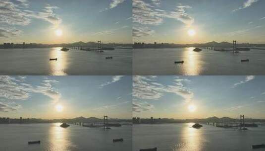 东莞虎门大桥日落夕阳航拍珠江黄昏河流风景高清在线视频素材下载