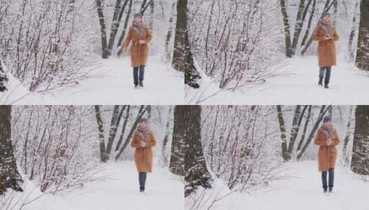 女人独自走在冬季公园里高清在线视频素材下载