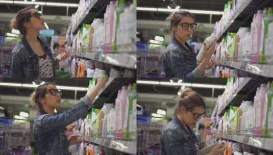 女人在商店购买洗漱用品高清在线视频素材下载
