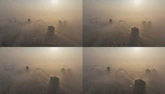 上海锦江乐园夏季日出平流雾航拍高清在线视频素材下载
