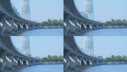 珠江高架桥上有轨电车与广州塔建筑景观高清在线视频素材下载