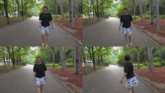 4K升格行走在茂密的树林间游玩的东方女性高清在线视频素材下载