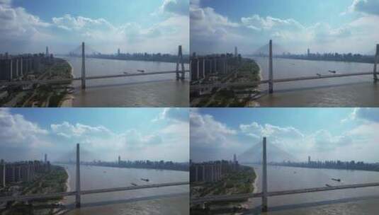 航拍武汉蓝天白云长江大桥与江景高清在线视频素材下载