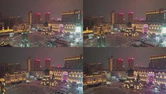 中国哈尔滨圣索菲亚大教堂广场夜景航拍高清在线视频素材下载