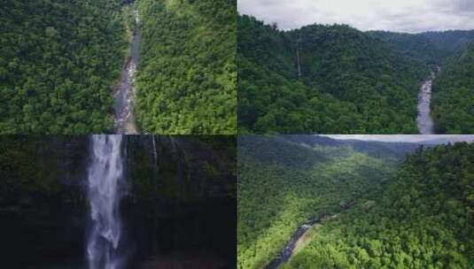 航拍茂密的绿色森林河流瀑布流水高清在线视频素材下载