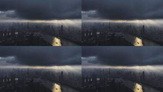 上海陆家嘴黄昏暴雨来临延时摄影航拍高清在线视频素材下载