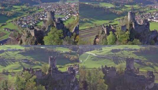 瑞士巴尔斯塔尔附近的新法尔肯施泰因城堡废墟鸟瞰图高清在线视频素材下载