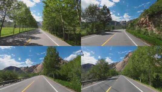 实拍开车行驶在蓝天白云下的公路高清在线视频素材下载