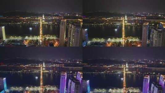 湖南长沙橘子洲大桥夜景交通航拍高清在线视频素材下载