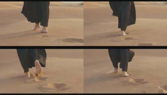 妇女赤脚在沙漠中行走的特写高清在线视频素材下载