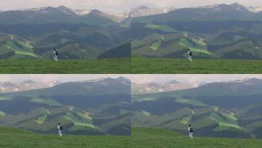 航拍男子奔跑在新疆喀拉峻草原上高清在线视频素材下载