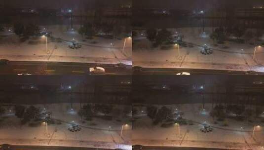 雪夜航拍马路边高清在线视频素材下载