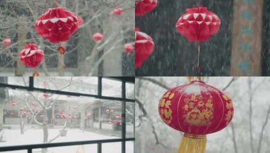 大雪中的红灯笼红窗花儿高清在线视频素材下载