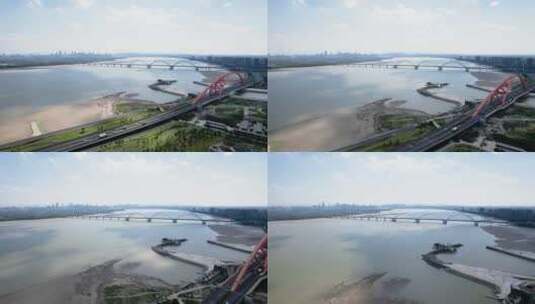 杭州钱塘江九堡大桥蓝天白云江边江景风景航高清在线视频素材下载