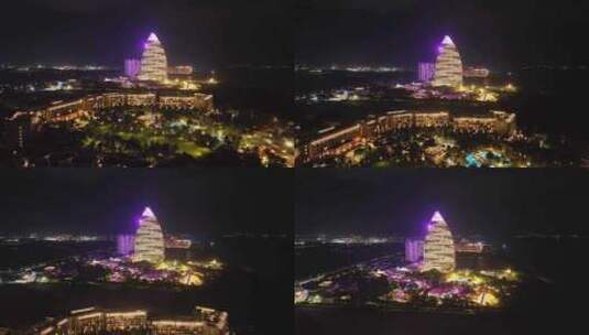 航拍三亚海棠湾夜景亚特兰蒂斯酒店高清在线视频素材下载