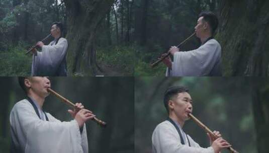 森林古装汉服男子吹笛子视频合集高清在线视频素材下载