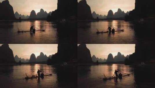 桂林山水渔民抻着竹筏高清在线视频素材下载