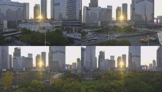 上海陆家嘴中心绿地建筑群日落航拍高清在线视频素材下载