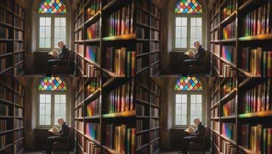 老人于图书馆窗边安静读书高清在线视频素材下载