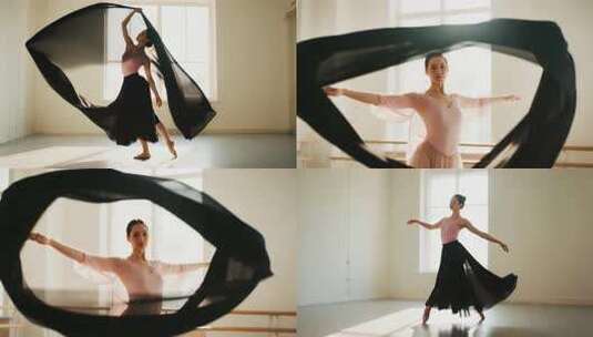 室内舞者舞动黑色绸带高清在线视频素材下载
