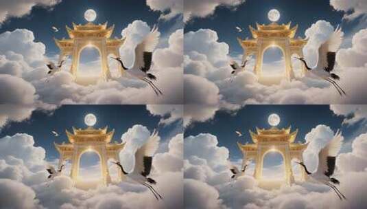 云端中式牌坊与飞鹤景观高清在线视频素材下载