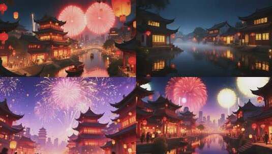 中国传统节庆烟花与灯笼辉煌夜景高清在线视频素材下载