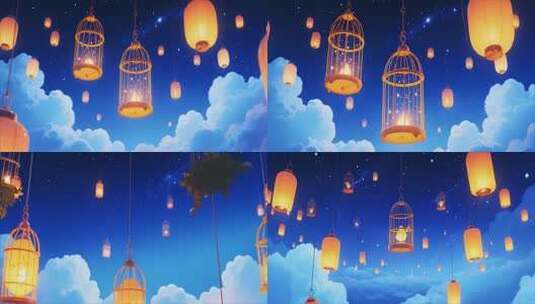 夜空下悬挂的发光鸟笼背景高清在线视频素材下载