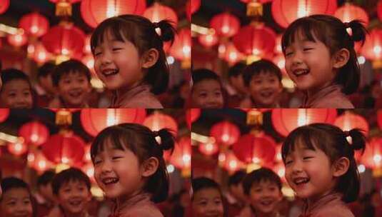 孩童在红灯笼下欢笑场景高清在线视频素材下载