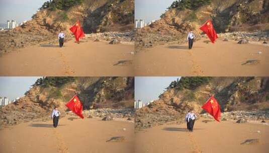 国庆节威海警察高举五星红旗巡查海岸高清在线视频素材下载