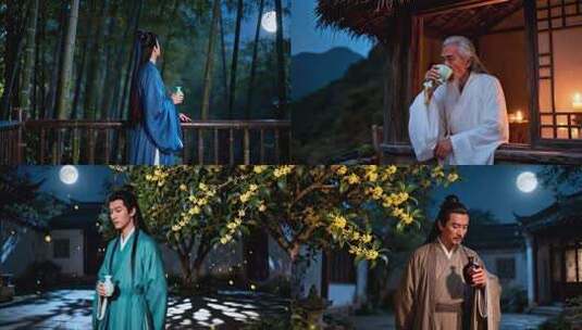 古装老人于木屋窗边饮茶高清在线视频素材下载