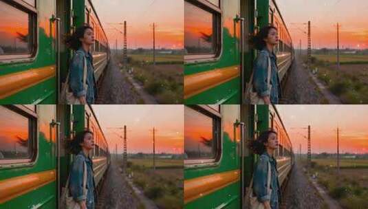夕阳下女孩倚靠火车车厢高清在线视频素材下载