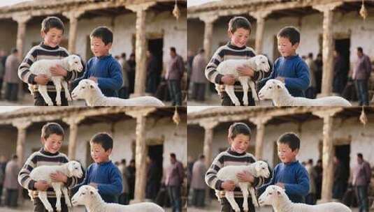孩童与绵羊的乡村互动场景高清在线视频素材下载