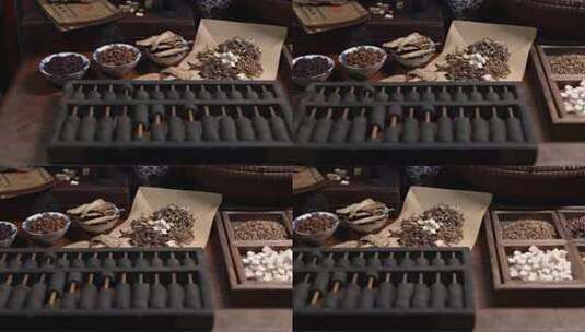 木桌木雕家具老中药房研究中药配方计量药方高清在线视频素材下载