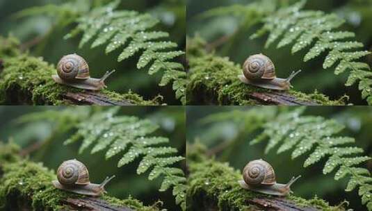 蜗牛在苔藓木头上爬行特写高清在线视频素材下载