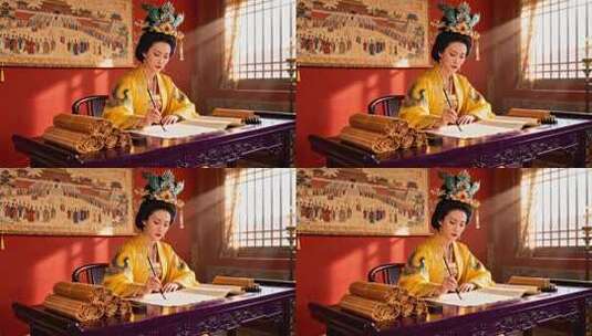 古装女子持毛笔书写场景高清在线视频素材下载