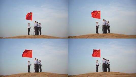 国庆节威海警察高举五星红旗巡查海岸高清在线视频素材下载