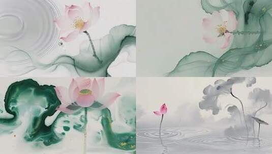 水墨画荷花，晕染古诗词朗诵动态背景高清在线视频素材下载