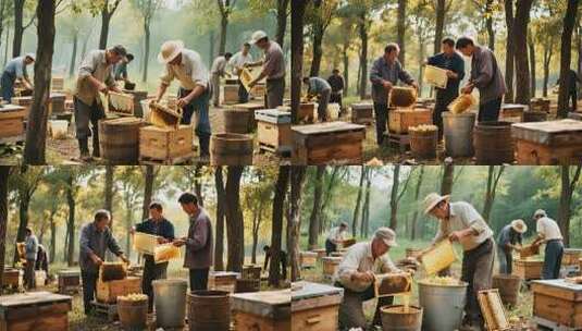 树林中养蜂人查看蜂巢画面高清在线视频素材下载