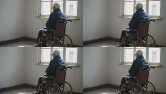坐轮椅老人窗边独坐高清在线视频素材下载