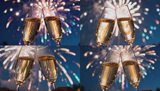 烟花下的香槟碰杯高清在线视频素材下载