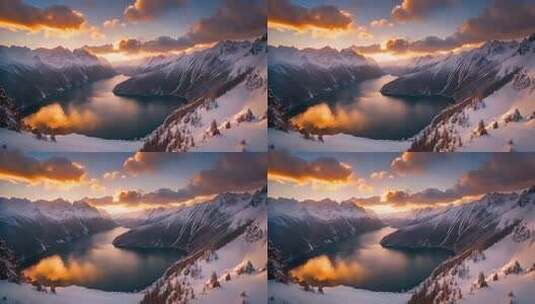 雪山湖泊日落壮丽风光高清在线视频素材下载