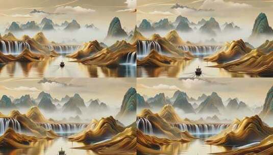 中式山水风景插画素材高清在线视频素材下载