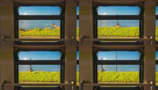 火车车厢内窗外自然风光景象高清在线视频素材下载