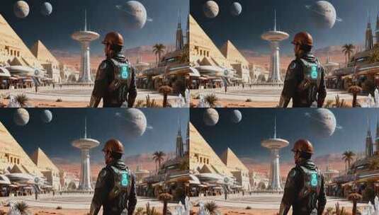 宇航员眺望未来外星城市景象高清在线视频素材下载