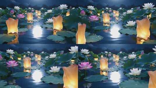 荷塘荷花夜景放河灯高清在线视频素材下载