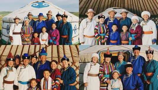 草原蒙古族家庭蒙古包前合影高清在线视频素材下载
