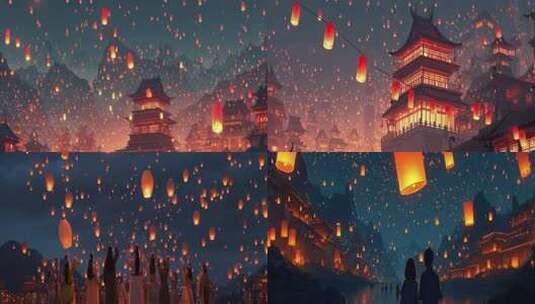 宽屏花灯 花灯节 放花灯 孔明灯高清在线视频素材下载