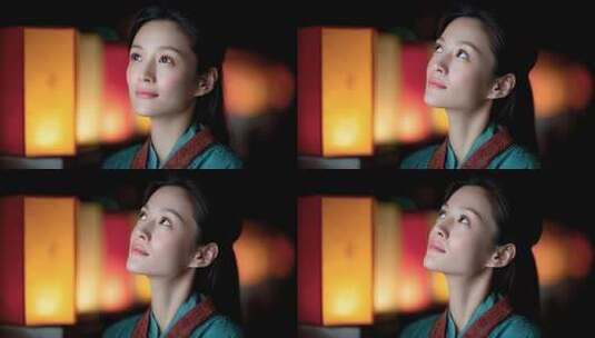 唐朝女子凝望灯笼下的美好期盼高清在线视频素材下载