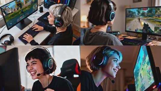 电竞女孩居家游戏 游戏比赛 宅女高清在线视频素材下载