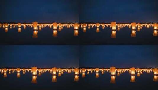 水面漂浮孔明灯夜景高清在线视频素材下载